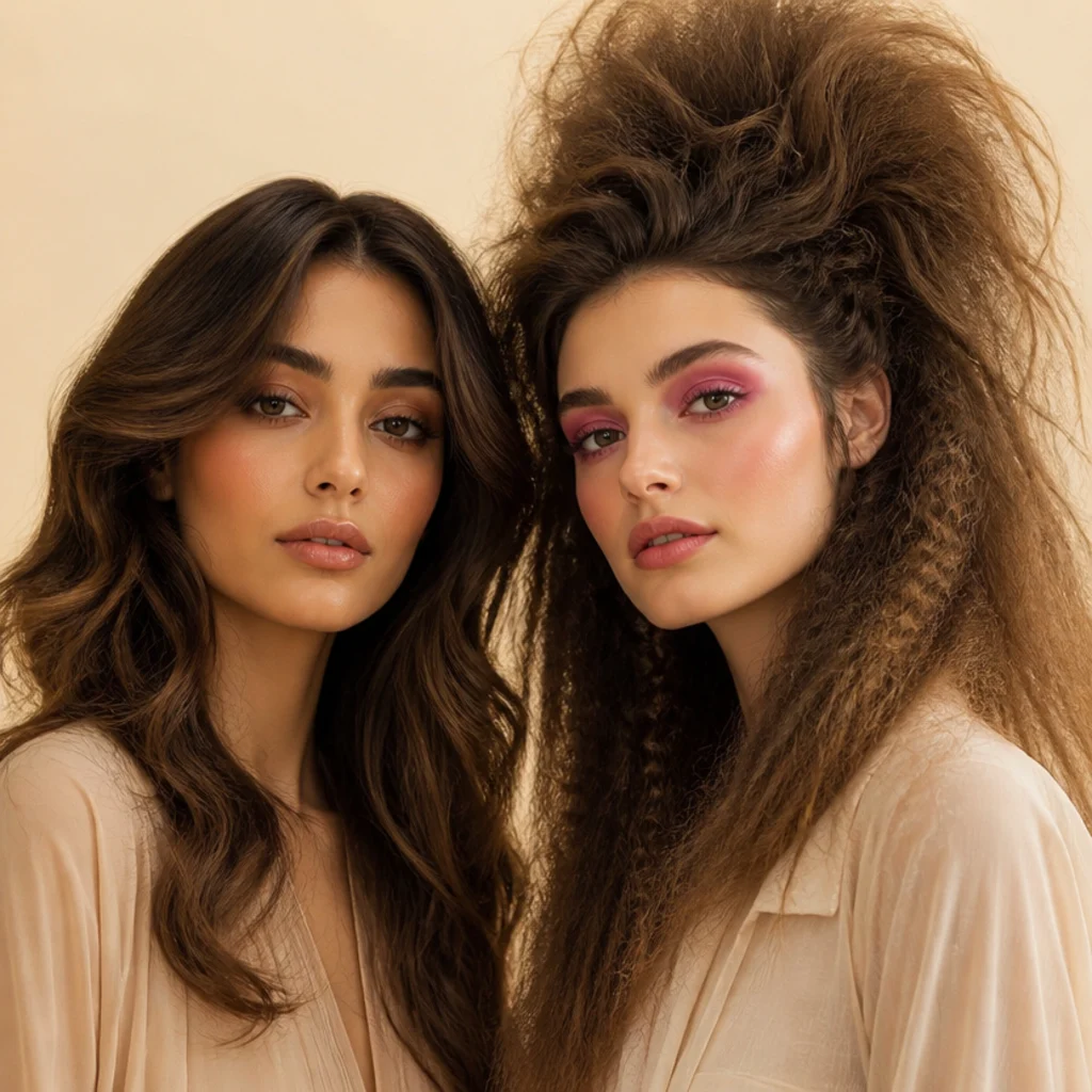 Left model with soft feathered center-parted 70s hair and bronze makeup, right model with big teased 80s volume and bright makeup, matched portrait