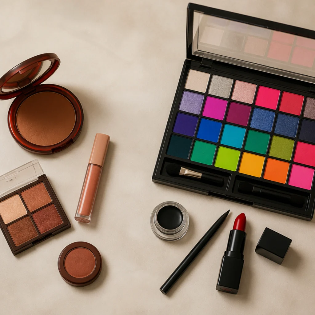 Flat-lay comparison of a small warm-toned makeup edit beside a large bright multi-color product spread, overhead angle
