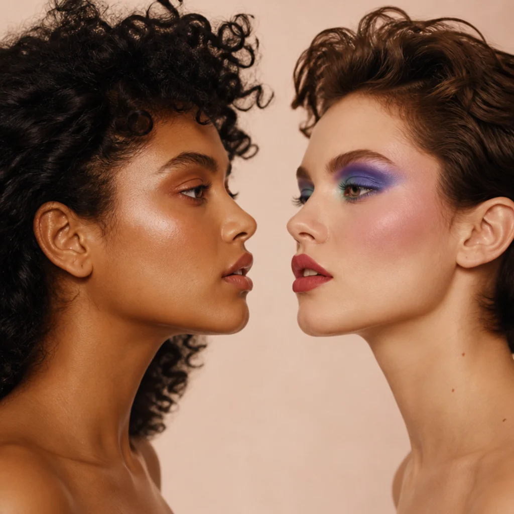 Two models facing each other, one in warm 70s glam and one in bold 80s color, symmetrical studio portrait comparison
