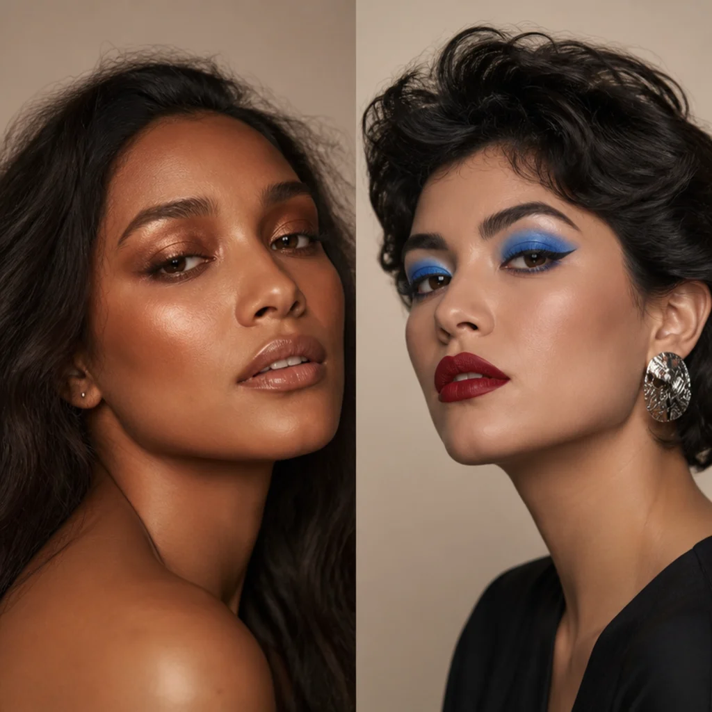 Split-frame beauty portrait comparing a bronze 70s glam eye on the left with a bright blue 80s blended eye on the right, three-quarter angle