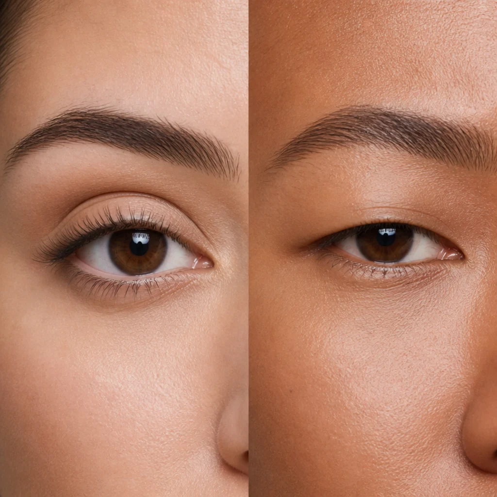 Side-by-side macro comparison of an almond eye with a clear band of mobile lid and a hooded eye with a low covered crease, matte neutral shadow on a warm ivory background