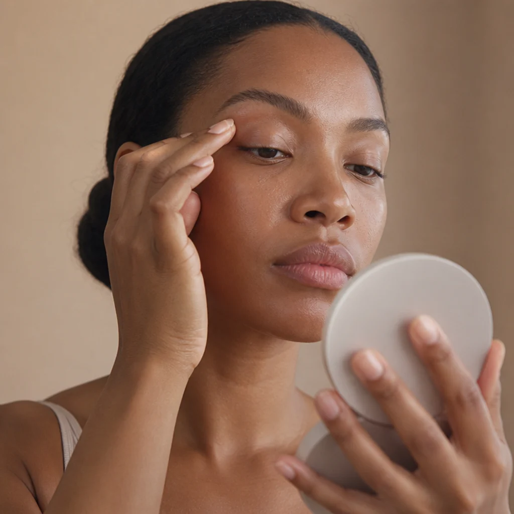 Model looking straight into a handheld mirror in soft daylight, checking the lid crease with a fingertip, warm taupe background