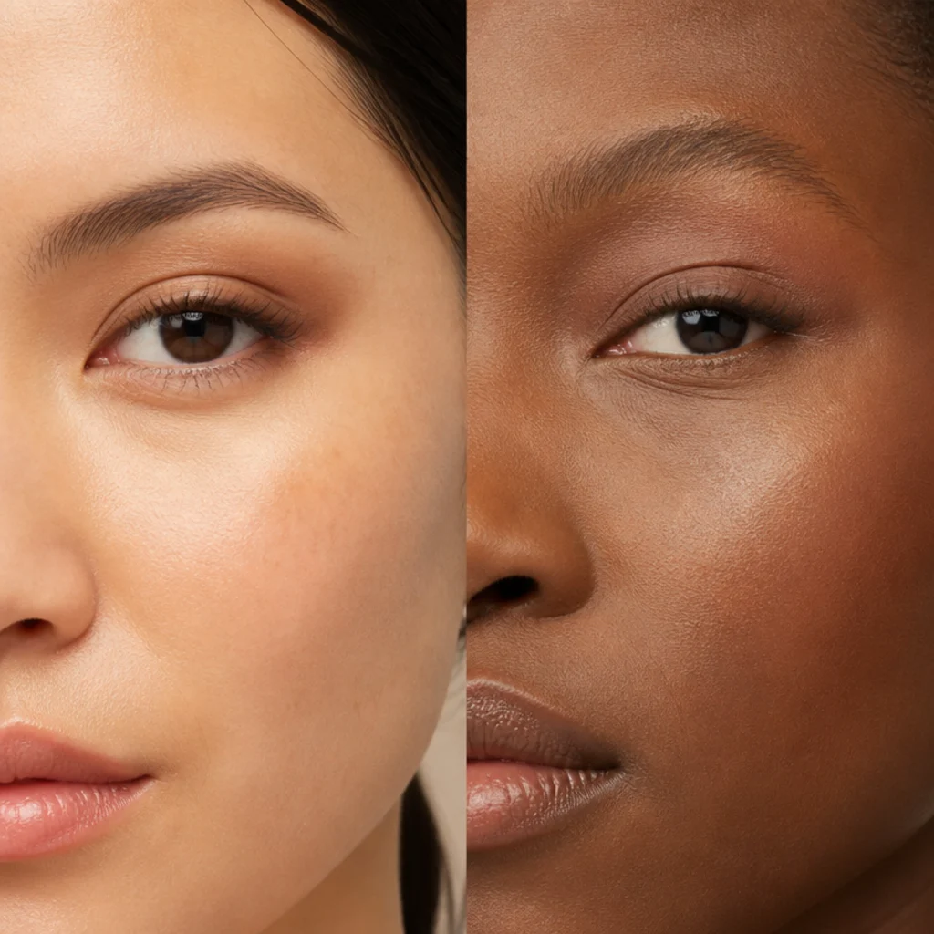 Macro split image contrasting a defined visible crease on an almond eye and a hidden crease under a fold on a hooded eye, matte neutral shadow, ivory backdrop