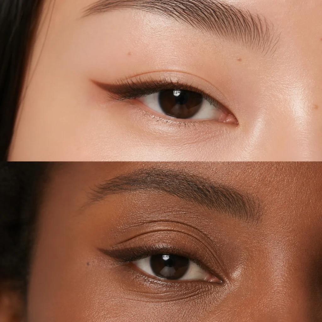 Close-up of a fine warm-brown liner following the lash line, one almond eye and one hooded eye compared, soft studio light, blush background