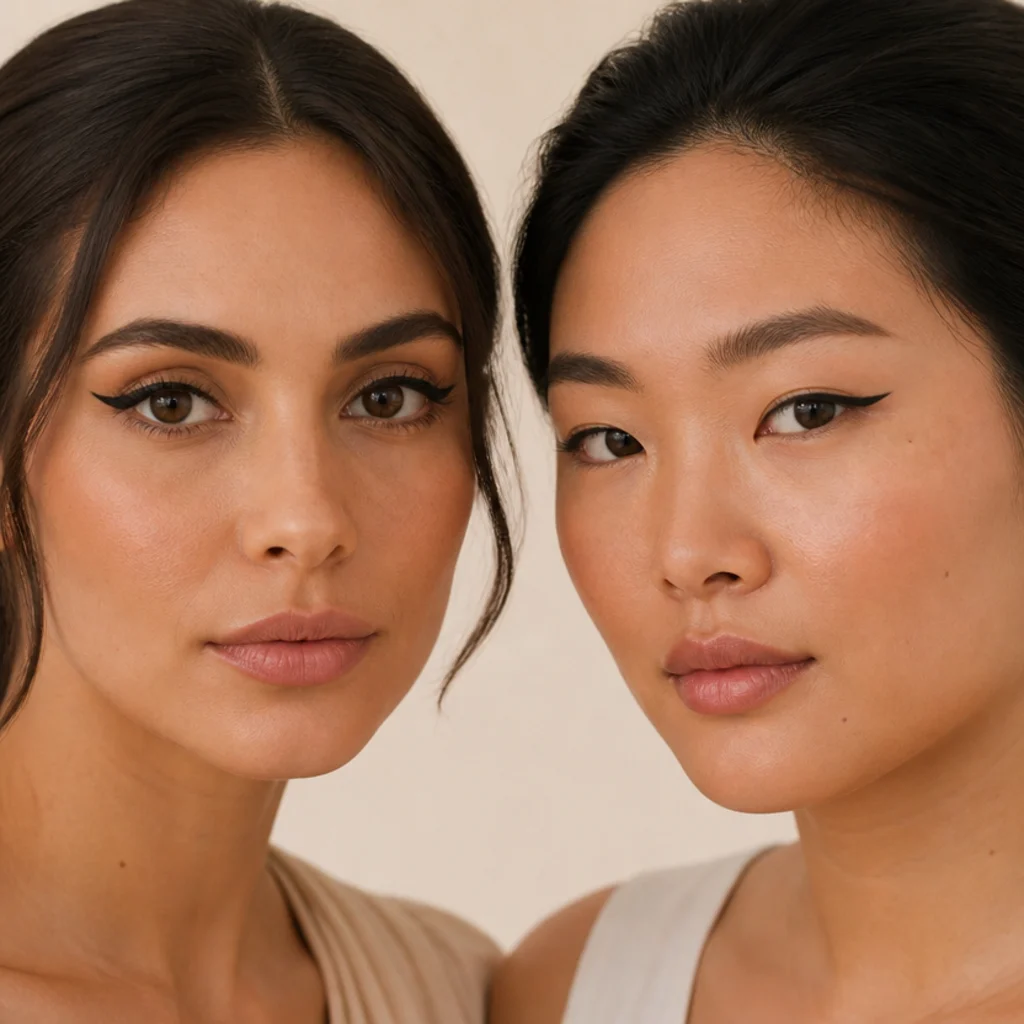 Two models compared showing winged liner, a flat classic wing on almond eyes and a lifted invisible-base wing clearing the fold on hooded eyes, ivory background