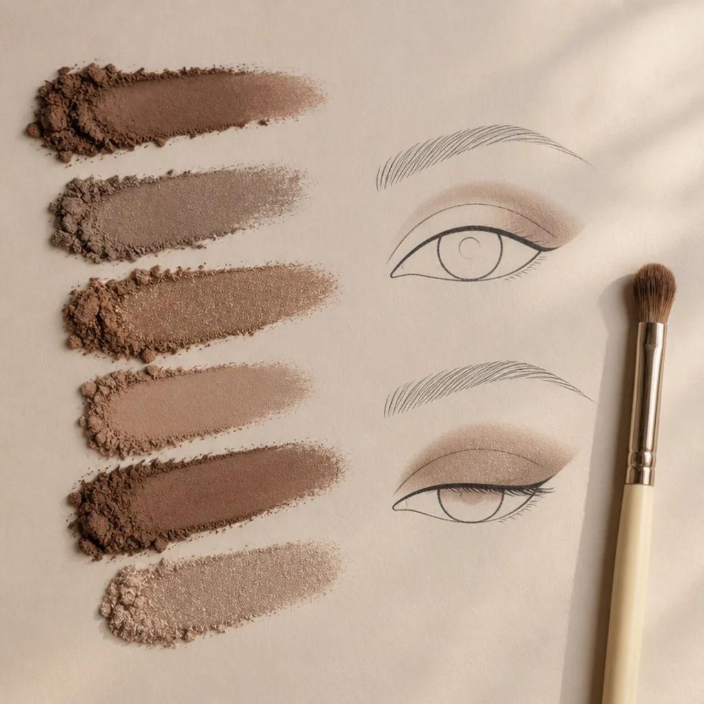 Overhead flat lay of matte and satin neutral shadow swatches beside a split diagram of shadow placement for almond versus hooded eyes on ivory paper