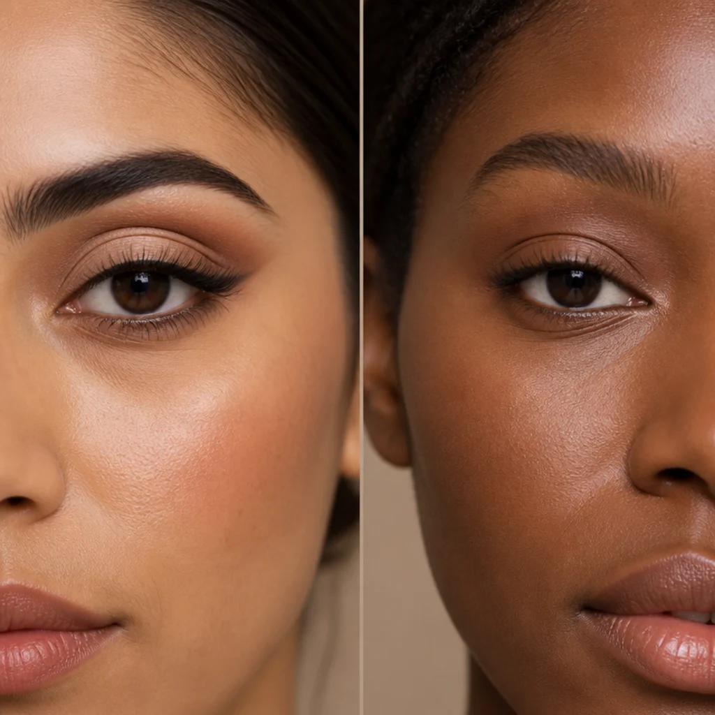 Editorial cut crease comparison, a crisp graphic cut crease on almond eyes and a soft lifted faux crease on hooded eyes, neutral tones, taupe background