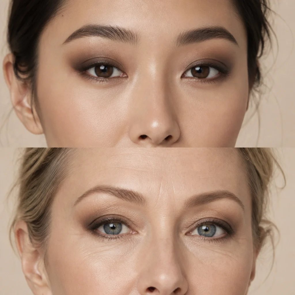 Two smoky eyes compared, an evenly blended lid smoke on almond eyes and an upward-swept smoked outer corner lifting hooded eyes, warm ivory background