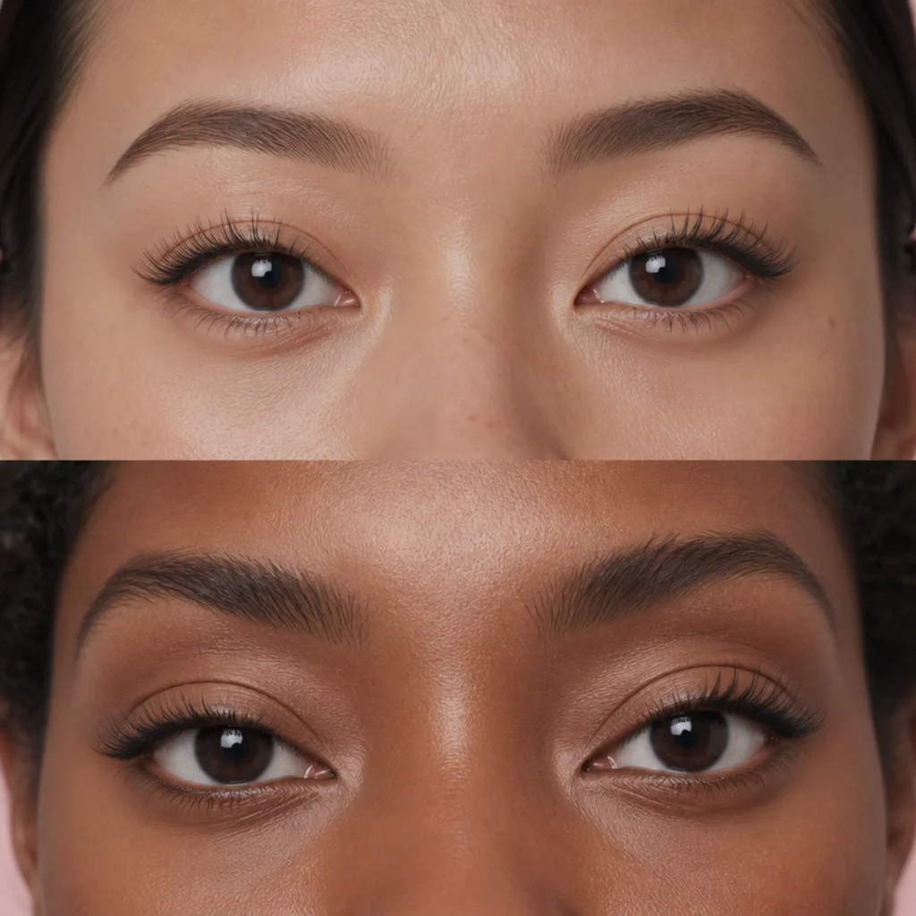 Macro lash comparison, an even open-eye lash map on almond eyes and a longer outer-corner lash map lifting hooded eyes, soft light, blush backdrop