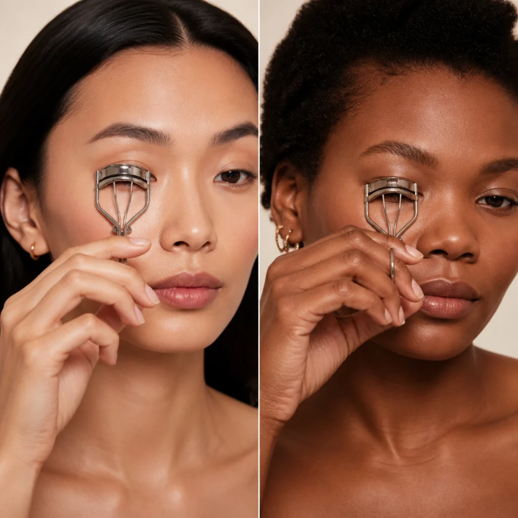 Model curling lashes with a lash curler, split view of almond and hooded eyes, natural lash lift, warm ivory studio background