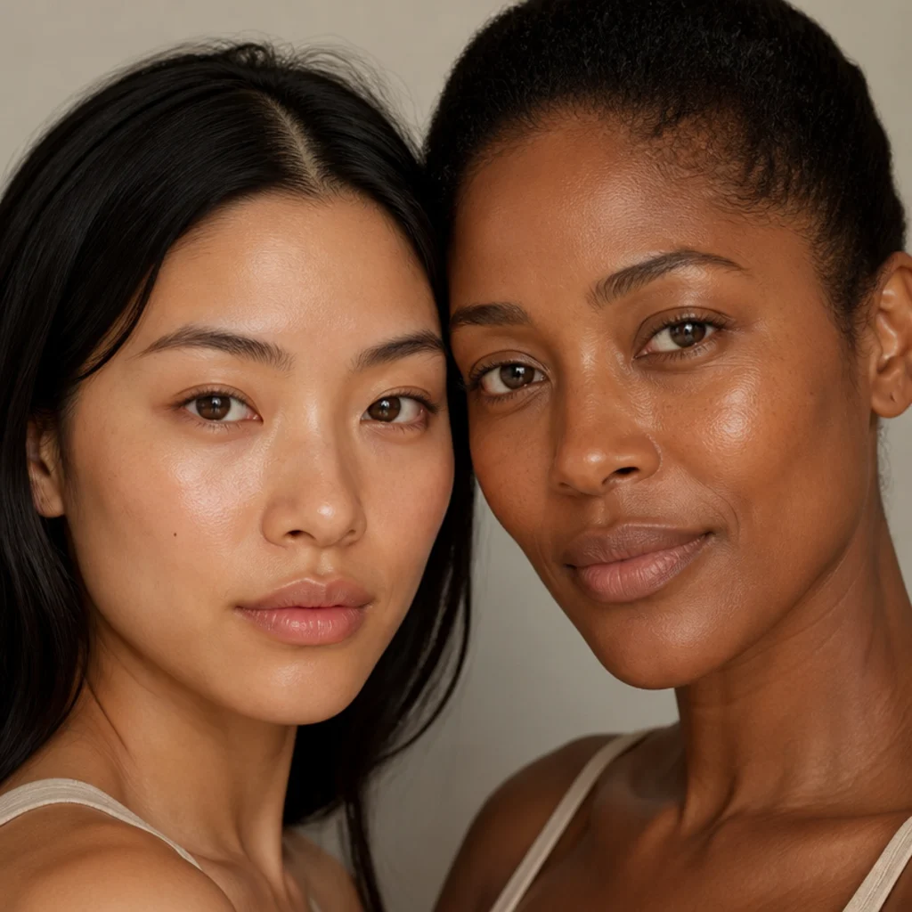 Fresh natural makeup comparison on almond and hooded eyes, groomed brows and tinted lashes, dewy skin, soft daylight, taupe background