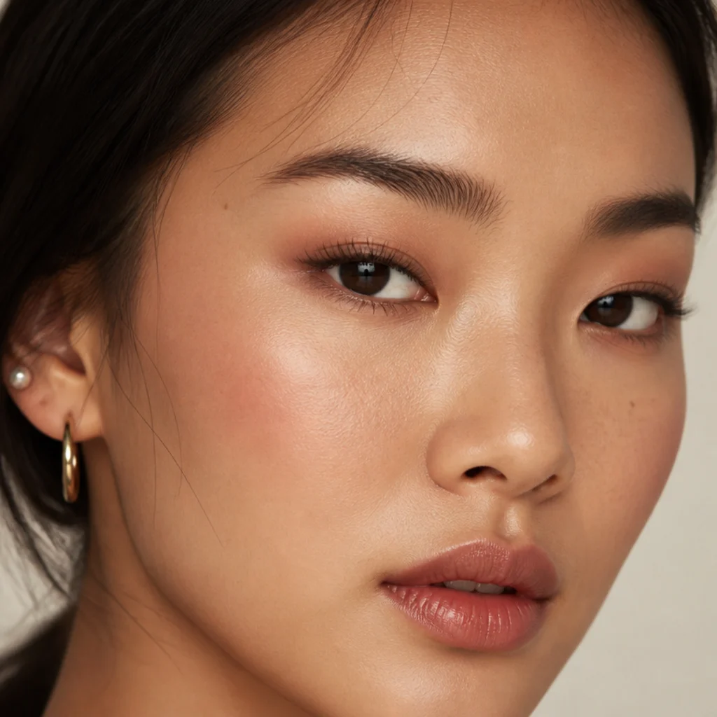 Close-up of almond-hooded combination eyes with a tilted tapered outline and a low partial crease, subtle lifted matte shadow, warm ivory background