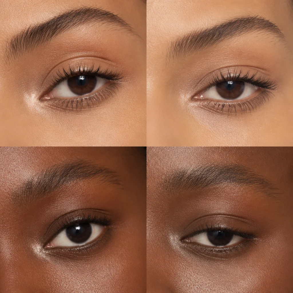 Macro of inner-corner highlight and a nude waterline compared on almond and hooded eyes, luminous neutral makeup, blush background
