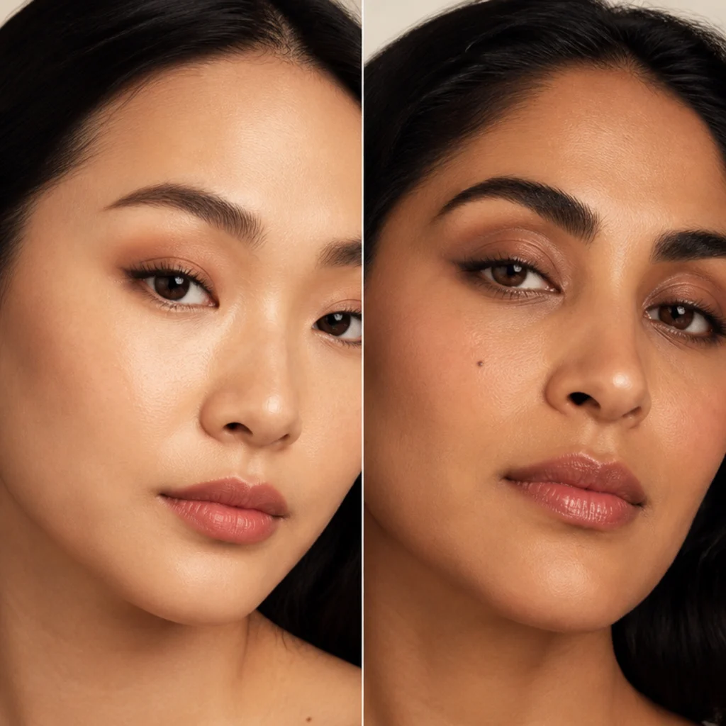 Split editorial showing corrected makeup on almond and hooded eyes, clean blended edges and matte neutral shades, warm ivory studio background