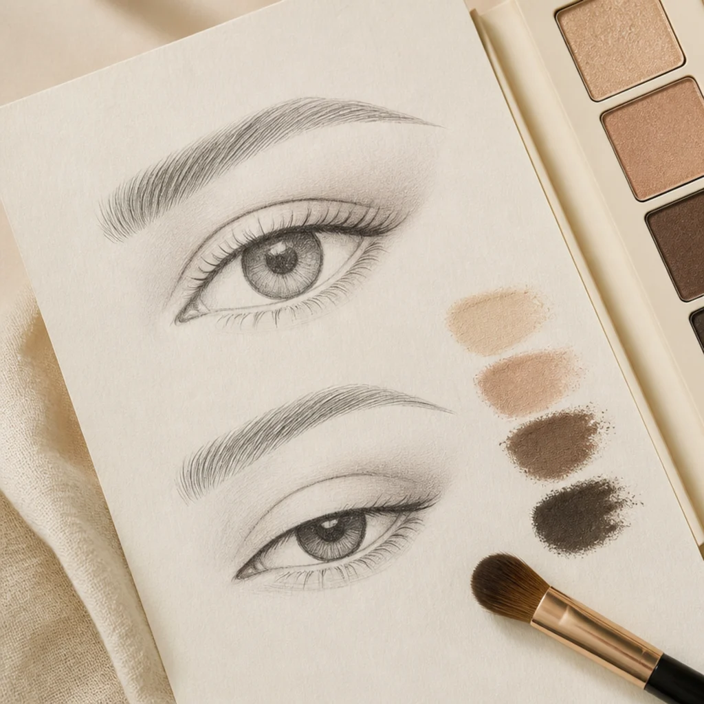 Flat lay of a printed eye shapes chart with almond and hooded eyes labeled beside matte neutral shadow swatches and a blending brush on ivory paper