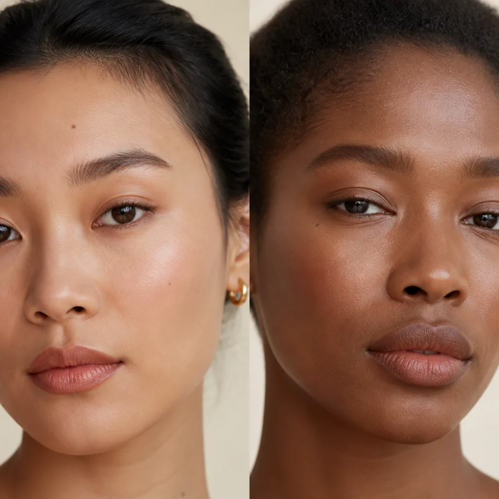 Split editorial close-up of two models, one with almond eyes and one with hooded eyes, both in soft neutral eye makeup on a warm ivory background