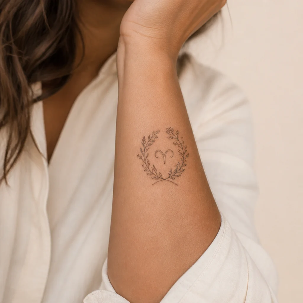 Inner forearm fine-line aries ram glyph surrounded by delicate single-needle wildflower sprigs in black ink