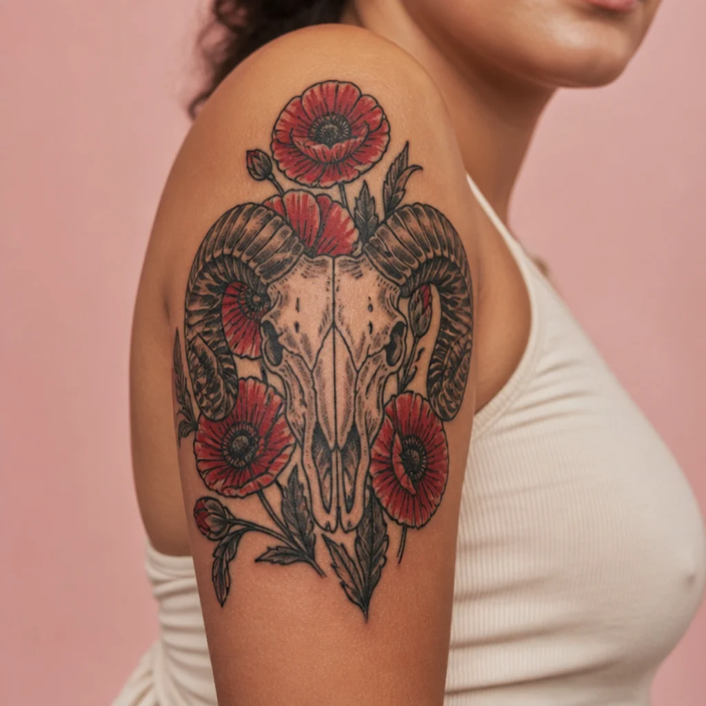 Outer upper arm bold American traditional ram skull tattoo with red poppy blooms and heavy black outlines