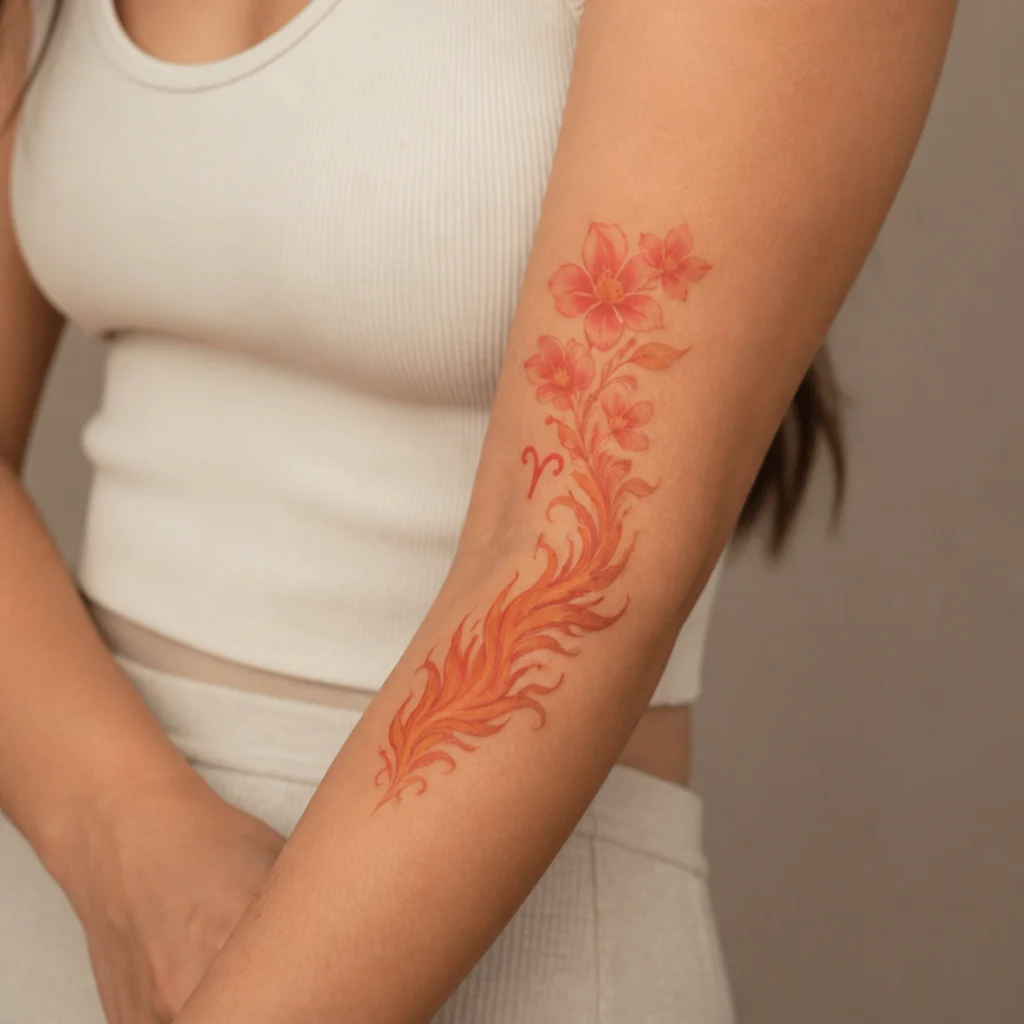 Forearm aries fire tattoo where orange flames transition into flower petals in blended orange and red ink