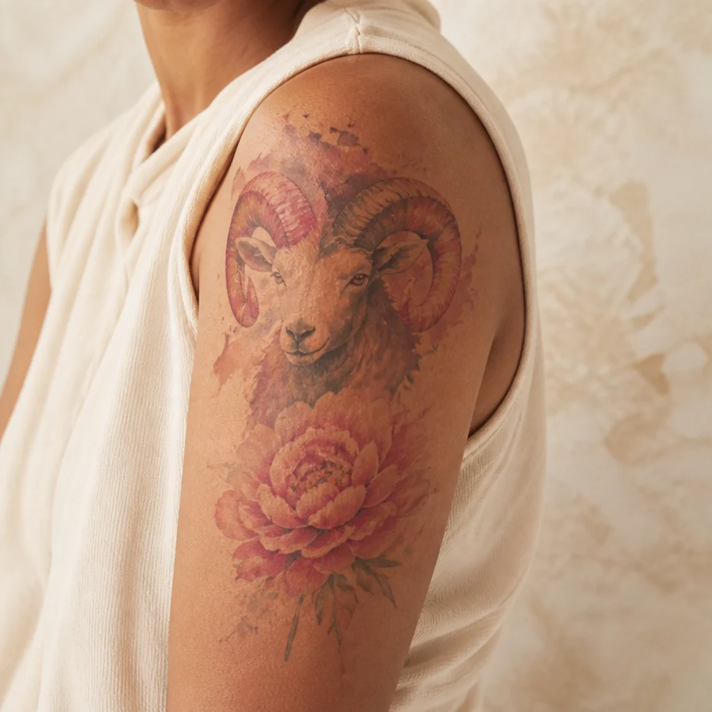 Upper arm watercolor aries ram with a pink peony and soft color washes bleeding beyond the linework