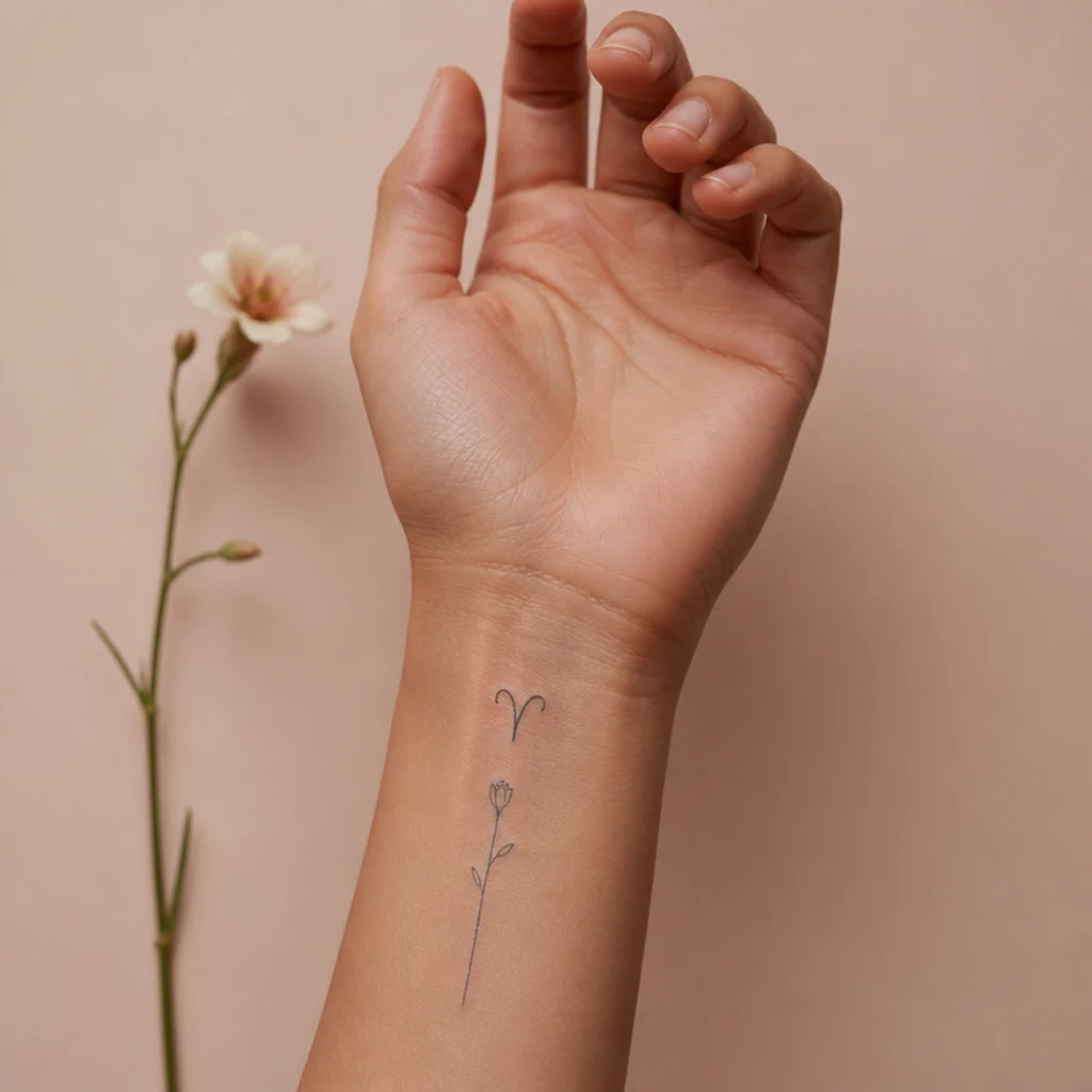 Wrist minimal aries glyph paired with one thin flower stem in delicate black fine-line ink