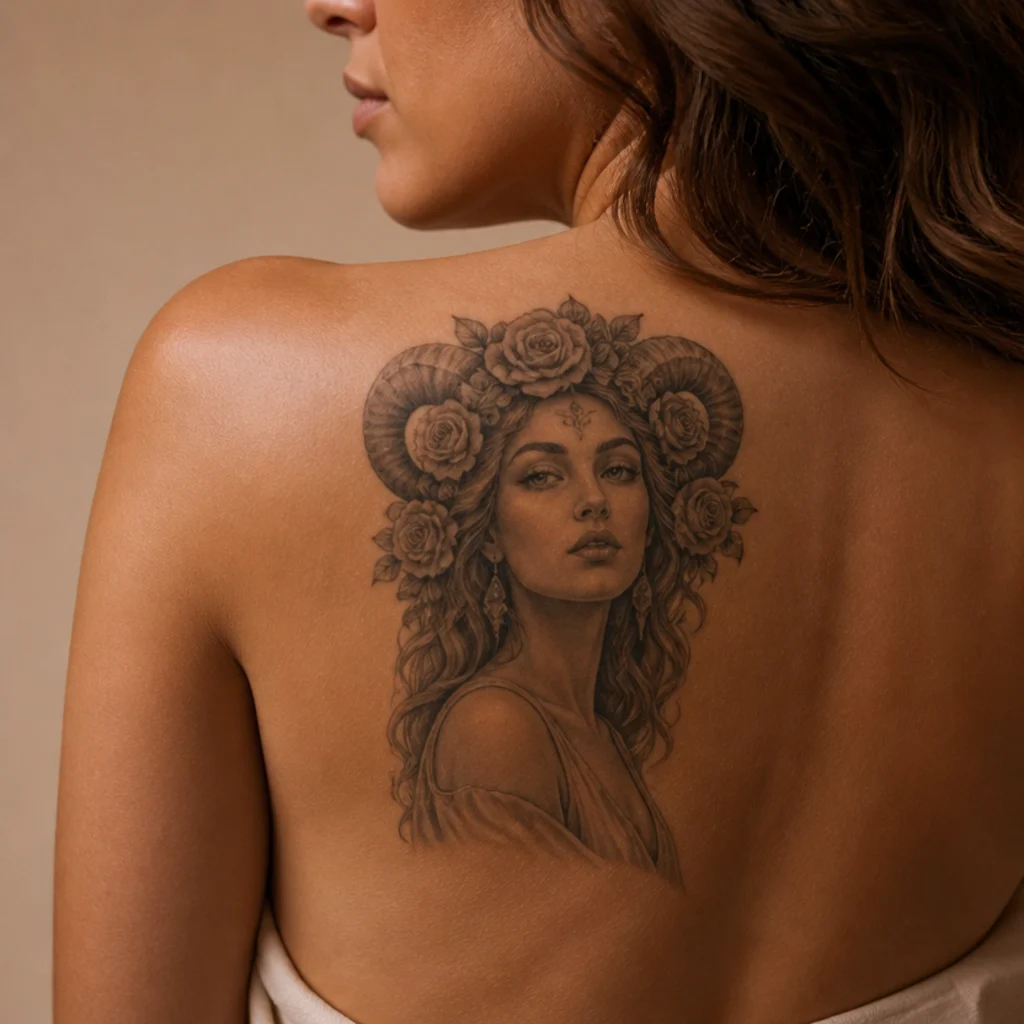 Shoulder aries goddess tattoo portrait of a woman with ram horns crowned in roses in fine black and grey shading