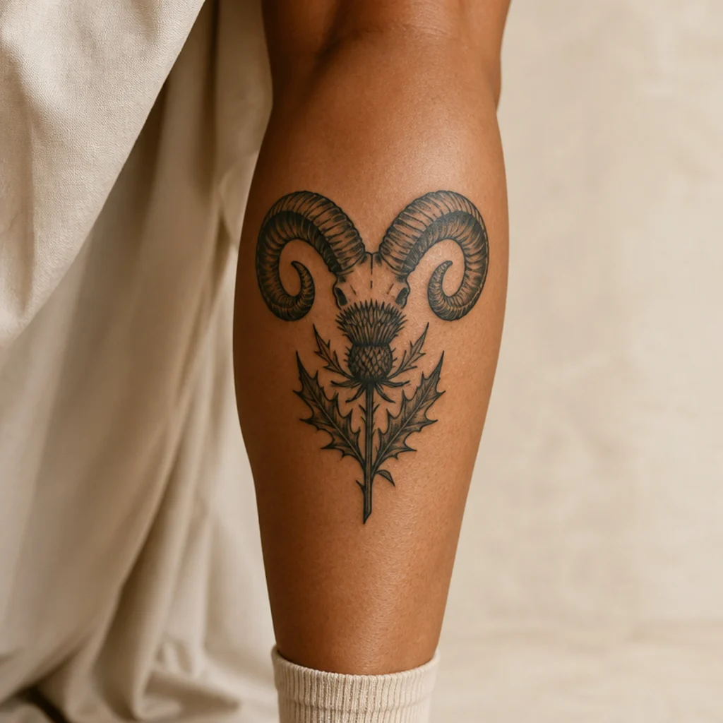 Calf blackwork aries ram horns with a spiky thistle in solid black bold graphic linework