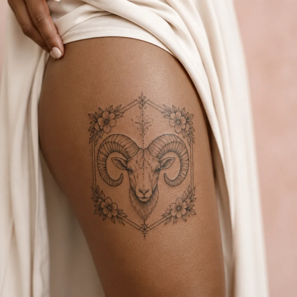 Thigh geometric aries ram head inside a hexagon frame with symmetrical florals in fine black linework