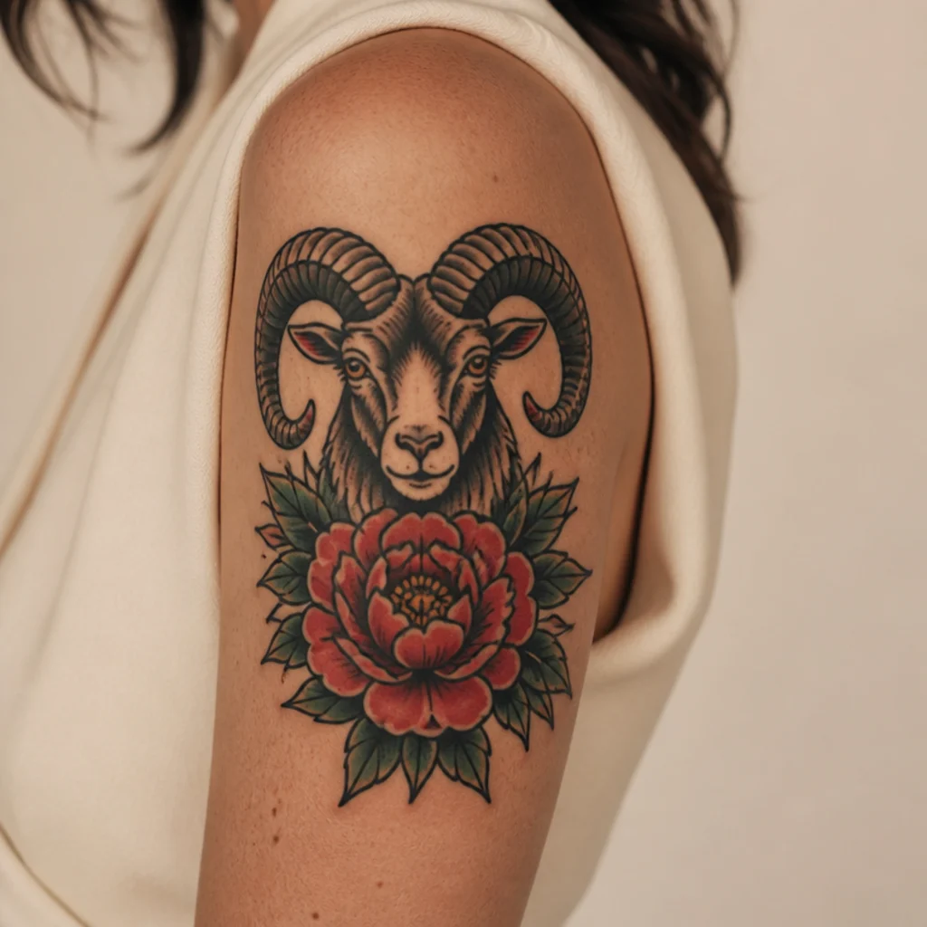 Upper arm American traditional ram head tattoo with a bold peony in classic red green and black ink