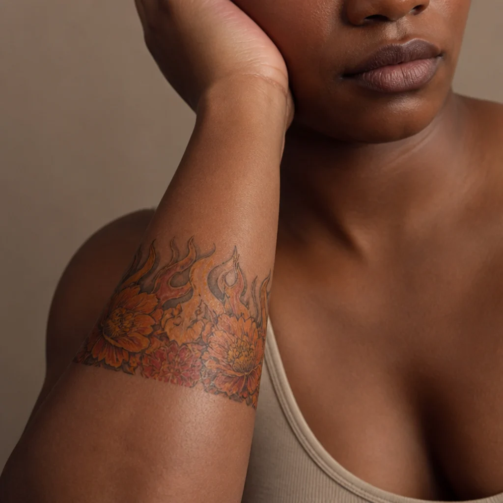 Forearm wraparound band of aries fire and orange marigolds blending flames and petals in warm color