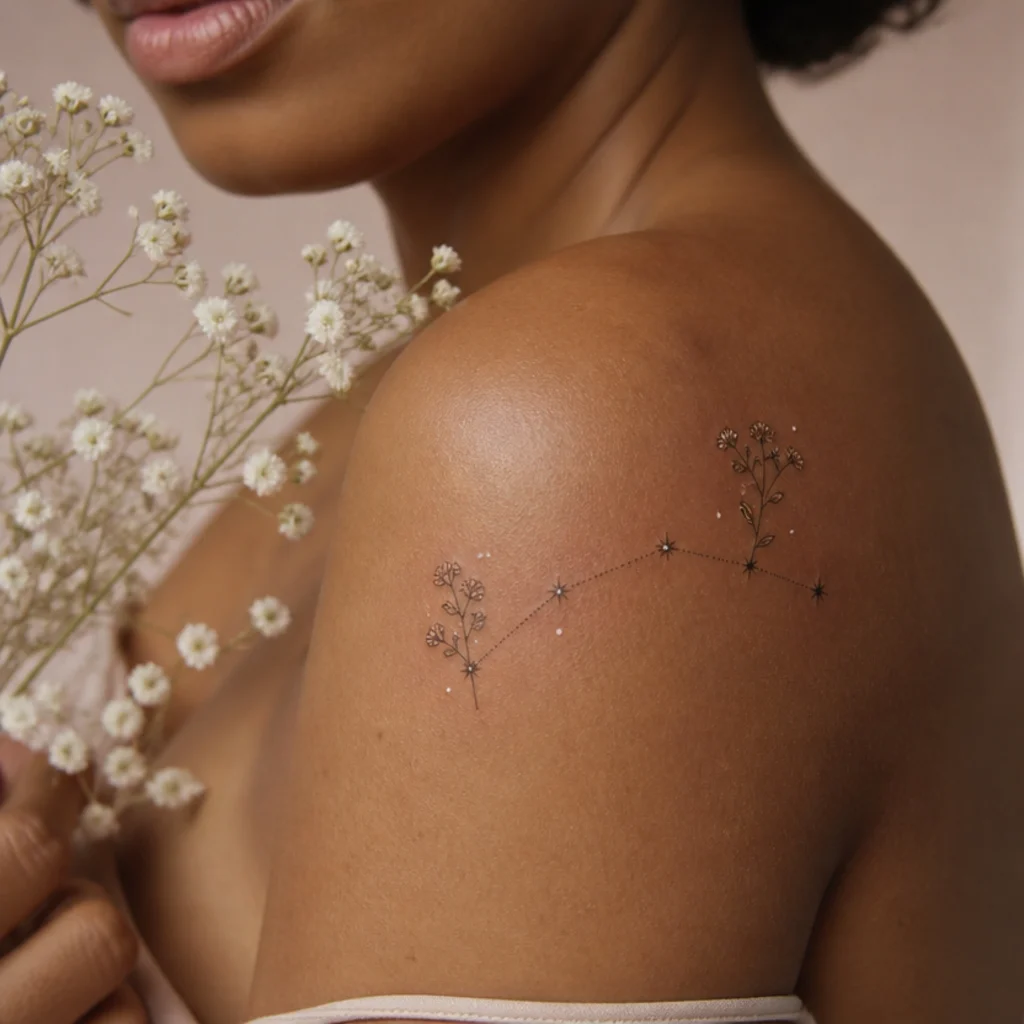 Shoulder aries constellation of connected stars with tiny baby's breath flowers in fine white and black ink