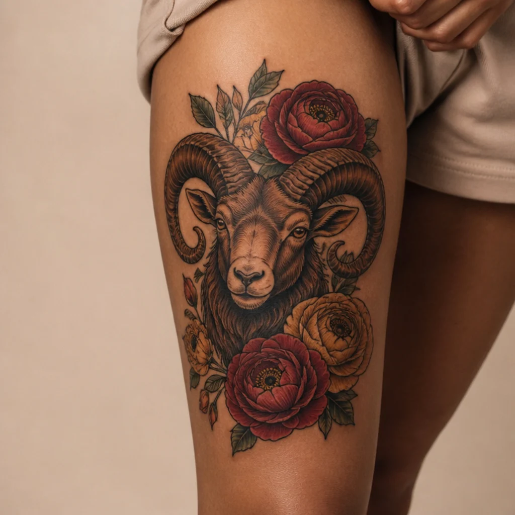 Thigh neo-traditional aries ram with layered ranunculus blooms in rich jewel-toned color and bold outlines