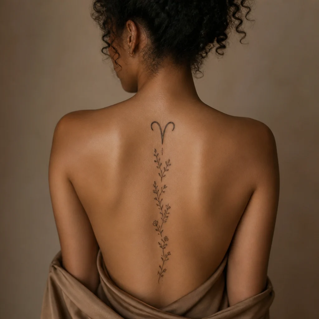 Center-back spine aries glyph with a trailing floral vine cascading down the vertebrae in fine black linework
