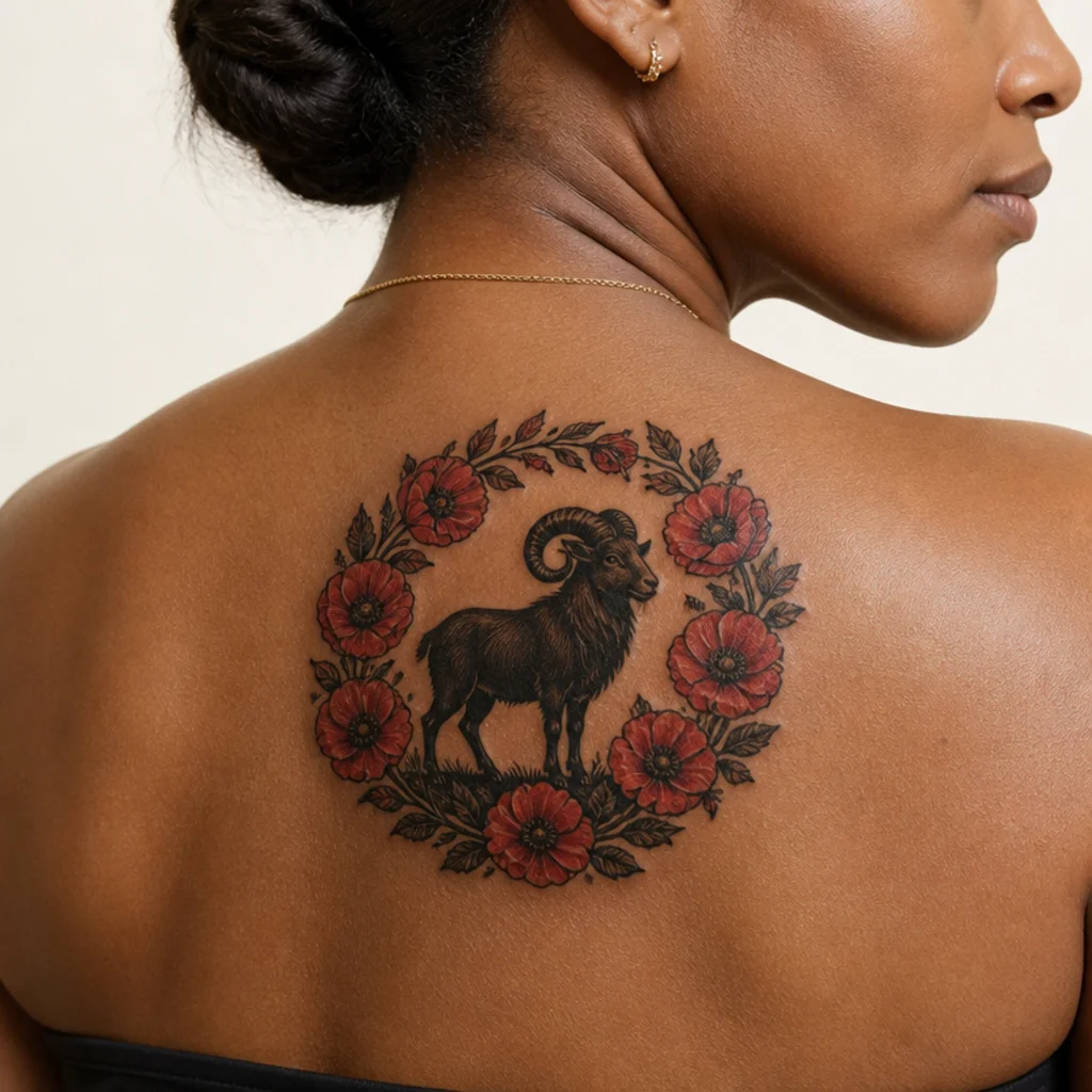 Back-of-shoulder aries ram silhouette encircled by a red poppy wreath in bold blackwork and red color