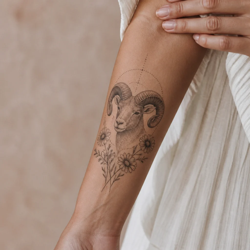 Forearm dotwork aries ram head with chamomile daisies rendered in stippled black ink and soft shading