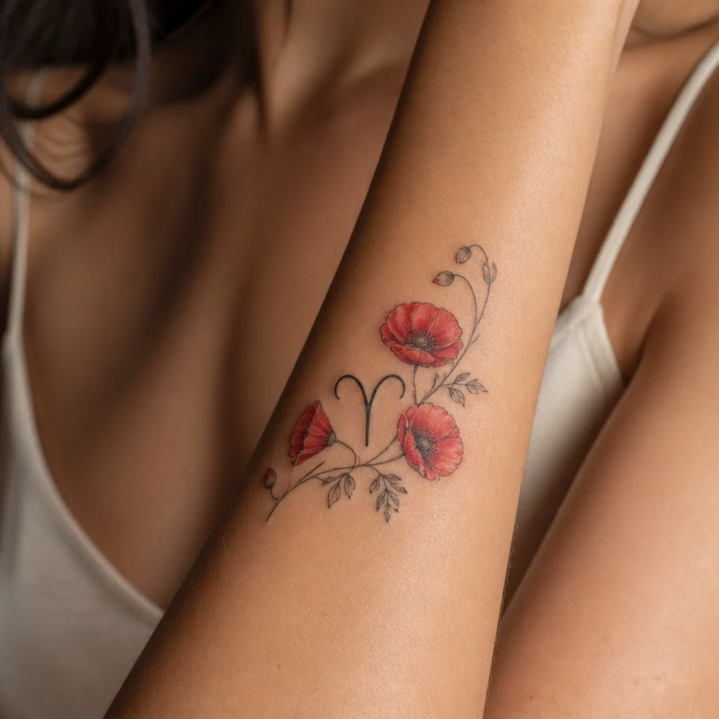 Forearm aries flower tattoo pairing a fine-line ram glyph with red poppy blooms in soft studio light