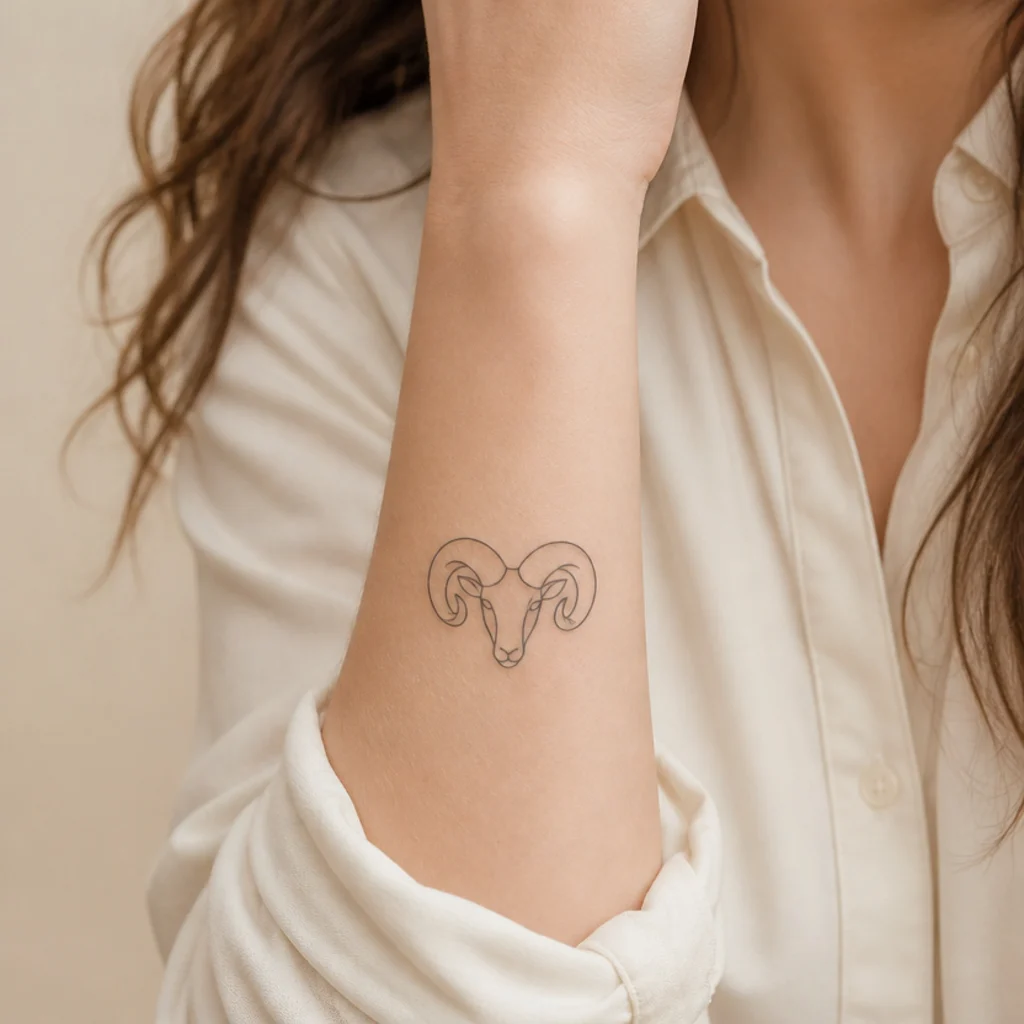 Single-line minimalist Aries ram head tattoo in black outline on inner forearm