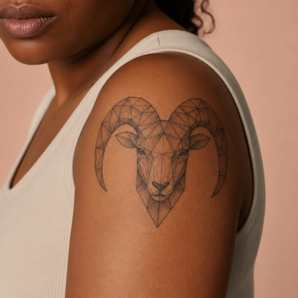 Angular low-poly geometric Aries ram head tattoo with faceted shading on outer arm