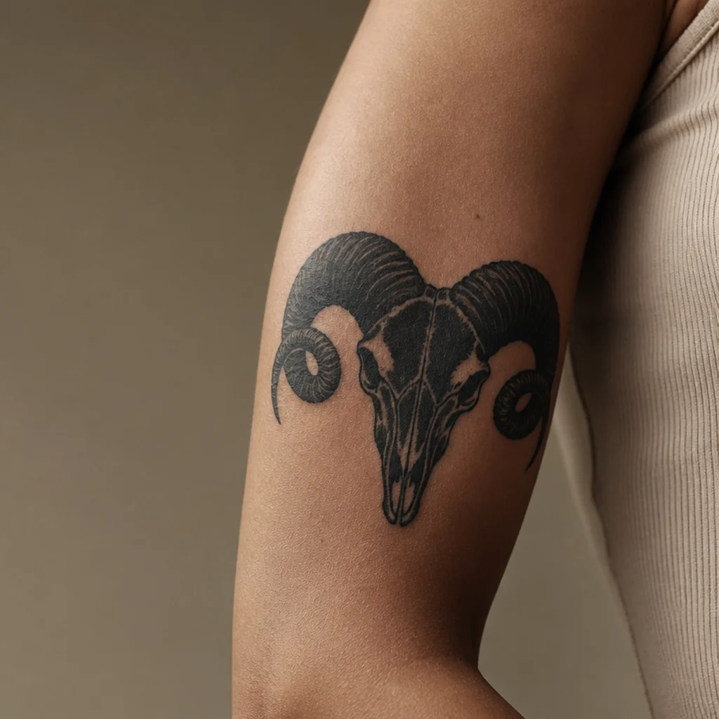 Bold blackwork Aries ram skull tattoo with heavy solid fill on the forearm