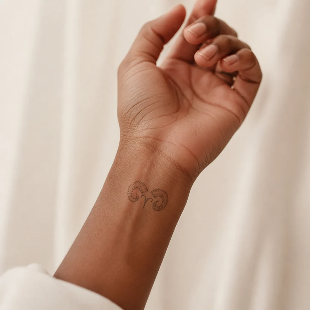 Delicate fine-line Aries glyph merged with small ram horns tattoo on inner wrist