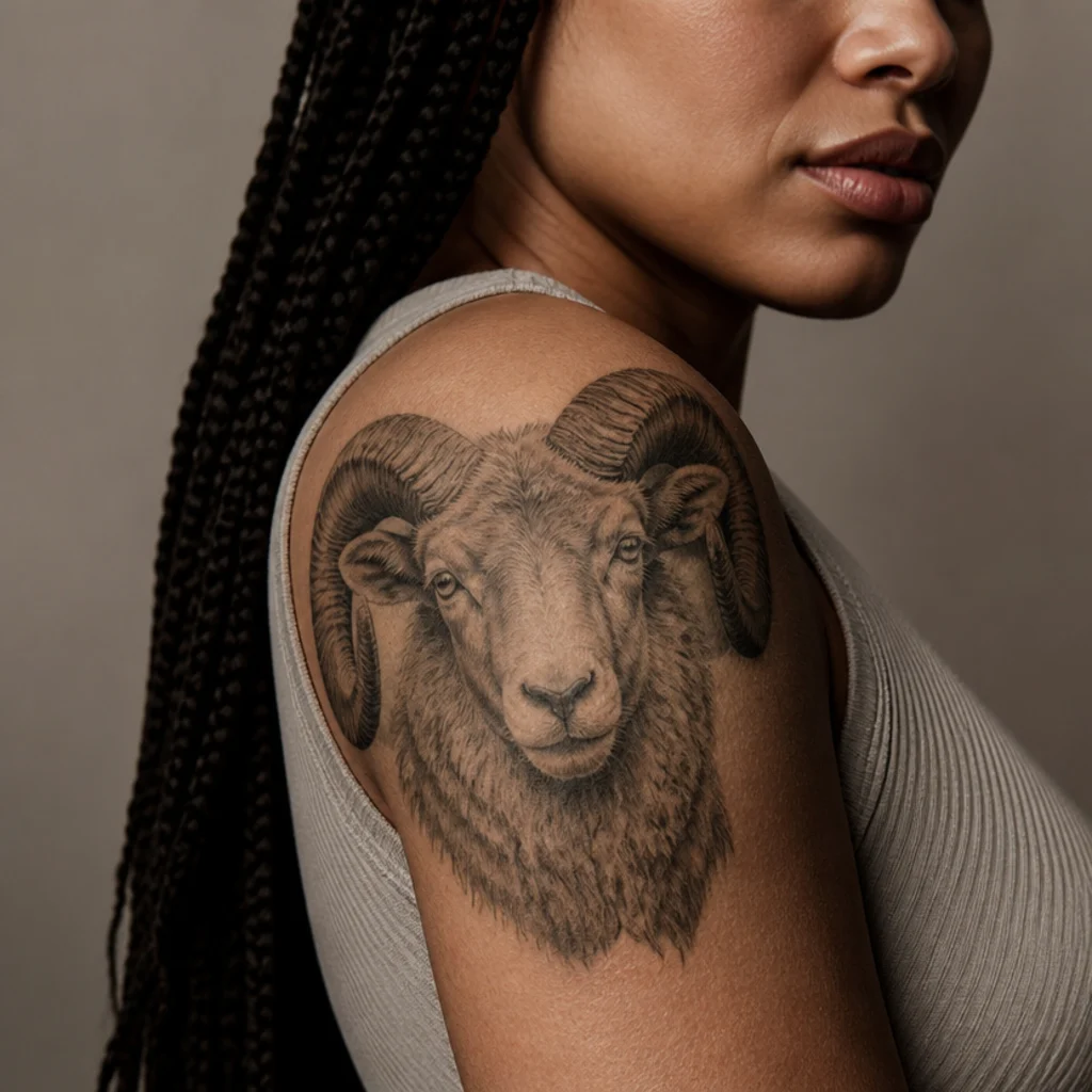 Detailed realistic Aries ram portrait tattoo with textured wool and horns on upper arm