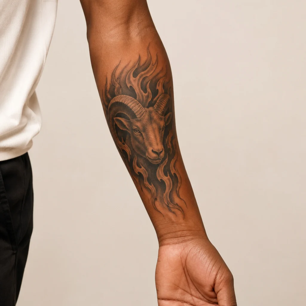 Aries ram head tattoo wrapped in stylized flames, an aries fire tattoo on the forearm