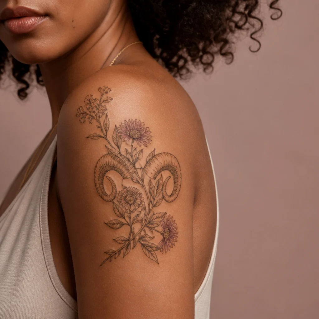 Aries flower tattoo pairing honeysuckle blooms with curling ram horns on the shoulder