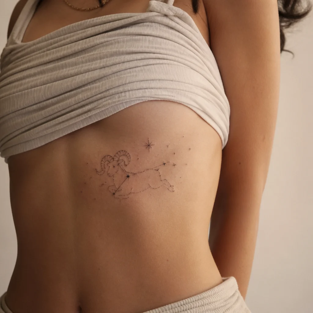 Aries constellation tattoo with fine stars forming a ram outline along the ribs