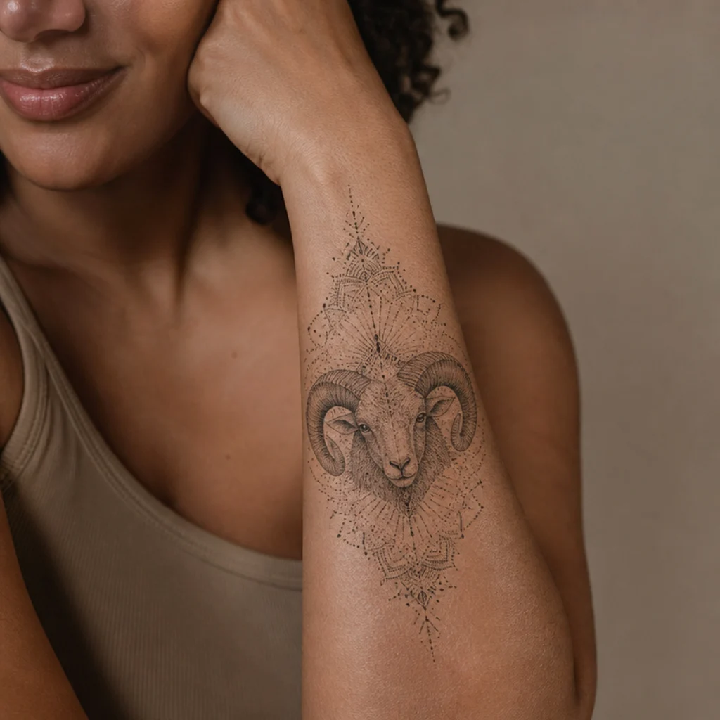Symmetrical dotwork mandala with an Aries ram head at the center on the forearm