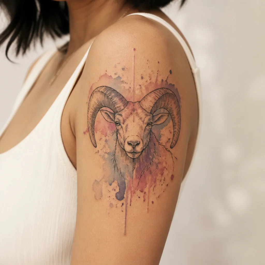 Watercolor-style Aries ram tattoo with soft color washes and paint splatter on the arm