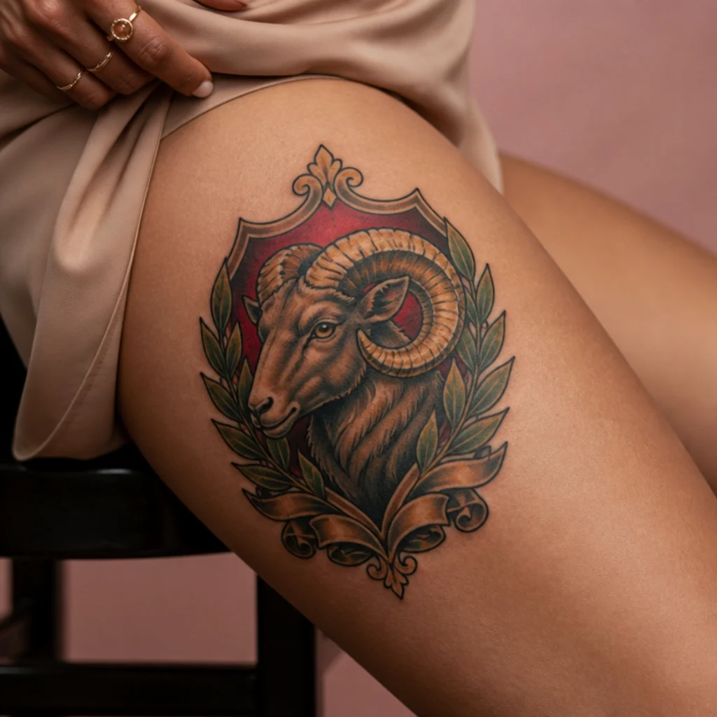 Neo-traditional Aries ram crest tattoo with bold outlines and rich color on the thigh