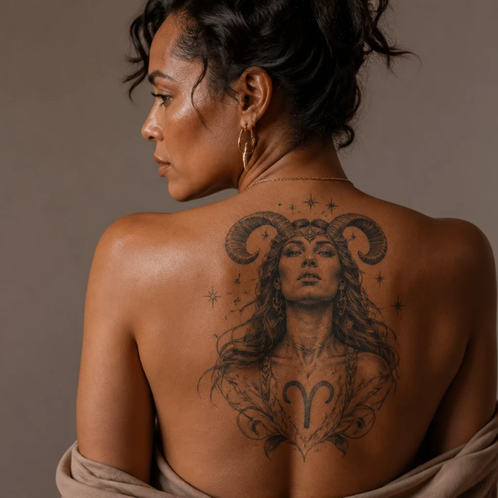 Aries goddess tattoo of a figure with ram horns and flowing hair on the upper back