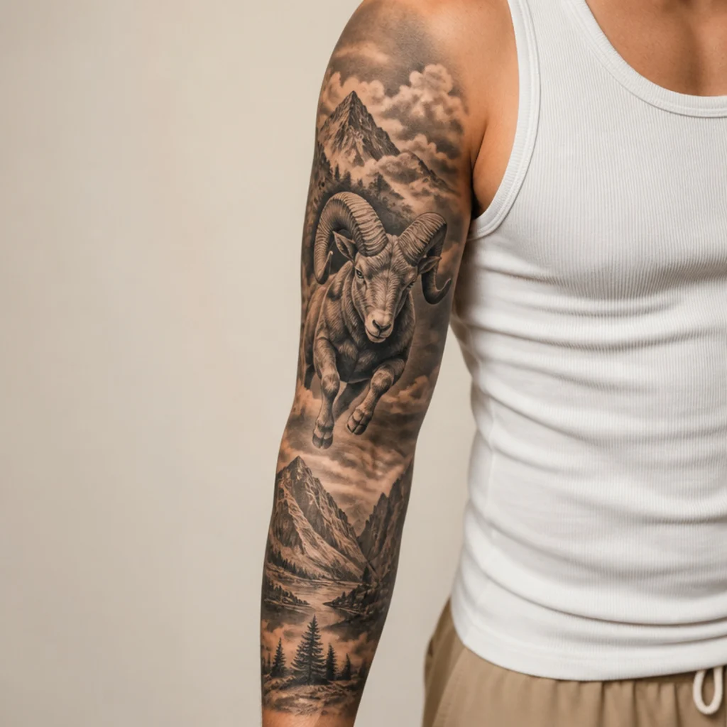 Dynamic charging Aries ram tattoo with lowered horns designed as a sleeve centerpiece