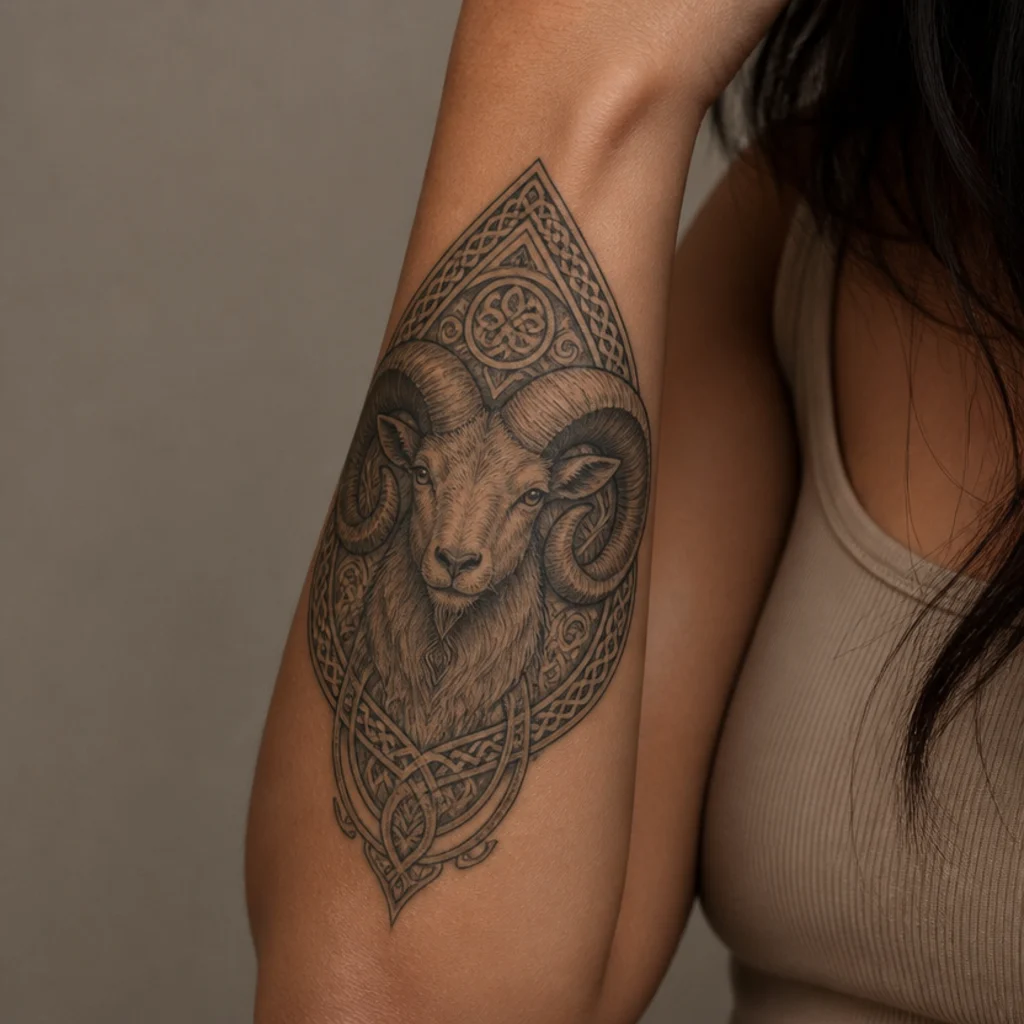 Norse-inspired Aries ram tattoo framed by carved runic knotwork on the forearm